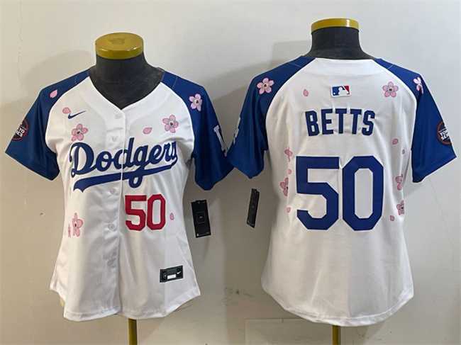 Womens Los Angeles Dodgers #50 Mookie Betts White Royal 2025 Tokyo Series Limited Stitched Jersey
